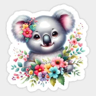 A baby koala bear decorated with beautiful colorful flowers. Sticker